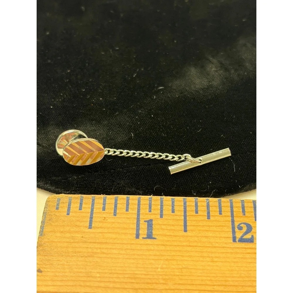 Vintage Silver Tone Chevron Etched Oval Tie Tack with Security Chain T-Bar